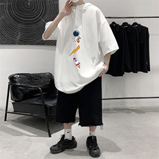 LD54165-P45连帽短袖t恤男大码胖子带帽五分袖中袖大皂风，男装T恤，电商A040