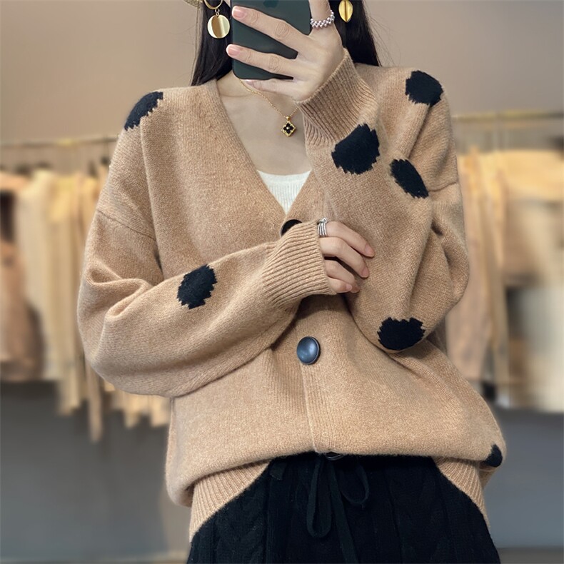 100%羊毛开衫女V领加厚拼色波点针织外套宽松休闲羊绒衫外搭上衣,女装羊毛衫,科源羊绒