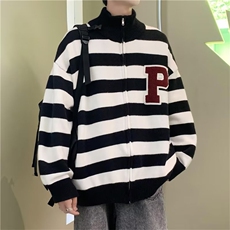 青少年潮美式复古条纹开衫拉链毛衣男女款秋冬宽松针织衫上衣，男装针织衫/毛衣，星座1210-1