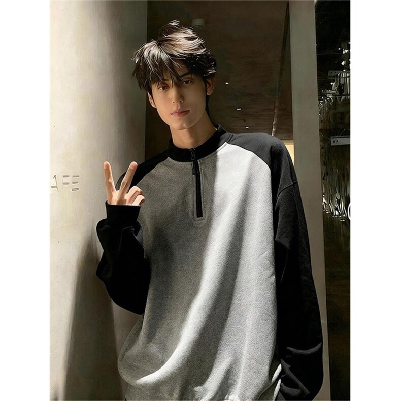 半拉链德绒撞色长袖t恤男春季新款休闲卫衣打底衫上衣LYT177-P35,男装T恤,星座1008