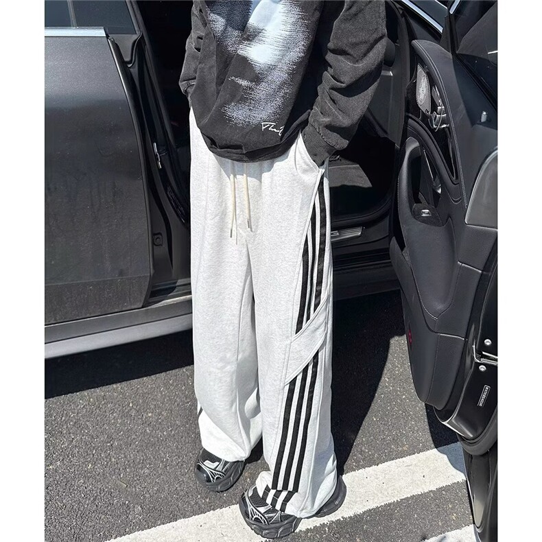 重磅条纹休闲裤男秋季潮牌宽松垂感阔腿卫裤痞帅运动直筒裤子,男装休闲裤,星座506A