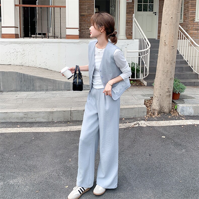 蕾丝拼接马甲阔腿裤套装女春秋2025新款两件套小香风ootd穿搭休闲,女装套装/套裙,2C129