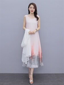 印花连衣裙夏季新款女无袖打底裙长款背心裙子春秋民族风，女装连衣裙，秀美人生