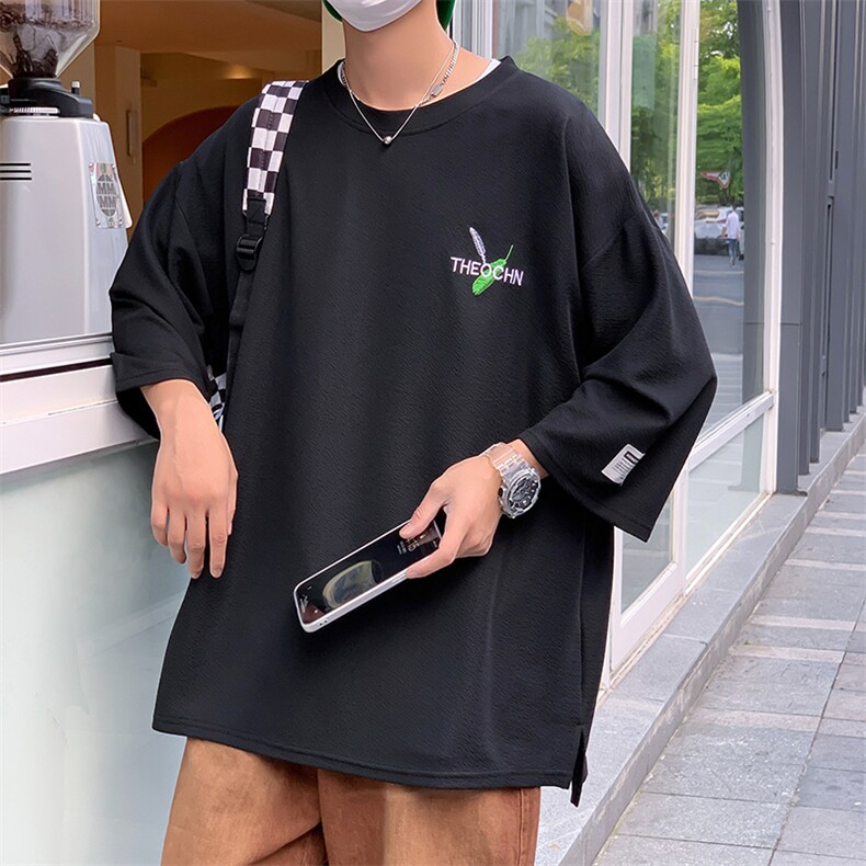 翻拍冰丝T恤2025夏装日系羽毛刺绣七分袖短袖T恤男加肥加大码,男装T恤,星座909-2（原星座717-2）