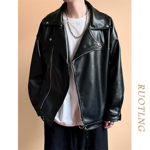 现货-春装皮衣外套男翻领休闲皮夹克潮牌PU机车服A506P90加绒100