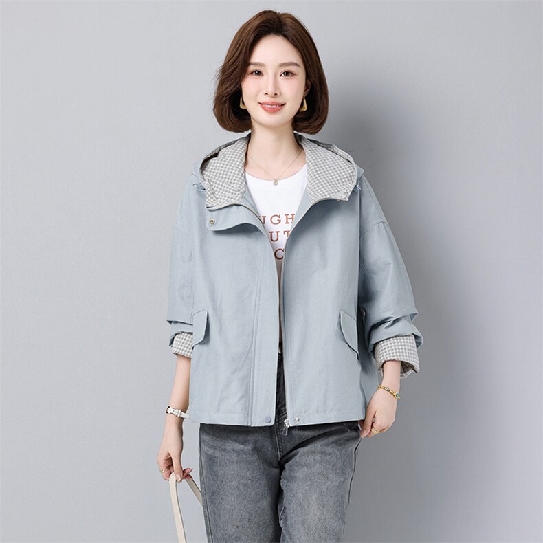 2025春季新款时尚设计感拼接格子连帽宽松休闲小个子风衣外套女,女装风衣,秋牧寒烟