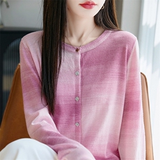 时髦渐变条纹针织开衫女微透外穿薄防晒衣小个子短外套上衣2025新，女装蕾丝衫/雪纺衫，暖烁特种纱工厂店