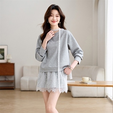 蕾丝拼接灰色卫衣休闲运动套装裙女2025春新款绝美独特设计两件套，女装套装/套裙，江南富贵女