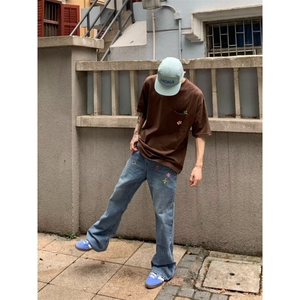 小众设计感贴布花瓣刺绣牛仔裤男女街头宽松做旧休闲微喇长裤图片