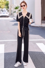 时尚流行运动休闲套装女夏2023新款潮流翻领短袖显瘦阔腿裤两件套，女装套装/套裙，曼娅璐