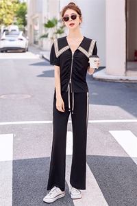 时尚流行运动休闲套装女夏2023新款潮流翻领短袖显瘦阔腿裤两件套图片
