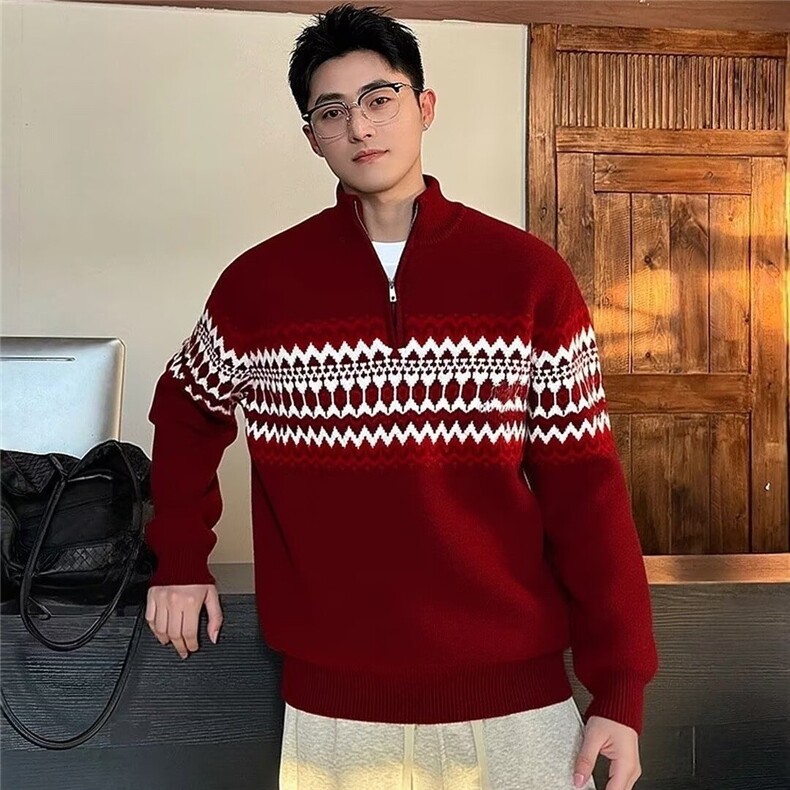 春秋季毛衣男士立领加厚加绒条纹宽松潮流上衣保暖针织打底衫男装,男装T恤,星座715-4