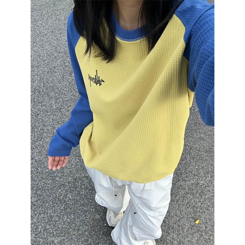 25网图现货彩色华夫格拼色插肩袖圆领长袖T恤1209特P28,男装T恤,电商C310