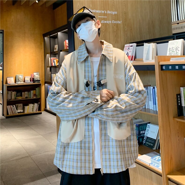 潮牌春秋款撞色格子外套男韩版潮流帅气机能假两件夹克W3037-P55,男装衬衫,星座412-3