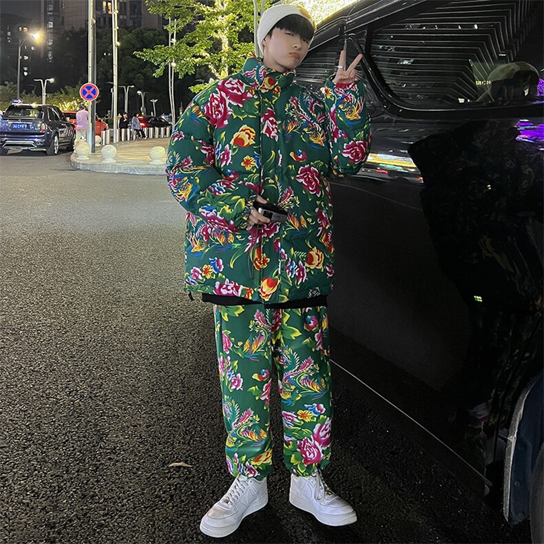 Z01情侣东北大花风民族风特色棉衣加绒裤套装大码男女土潮装图片