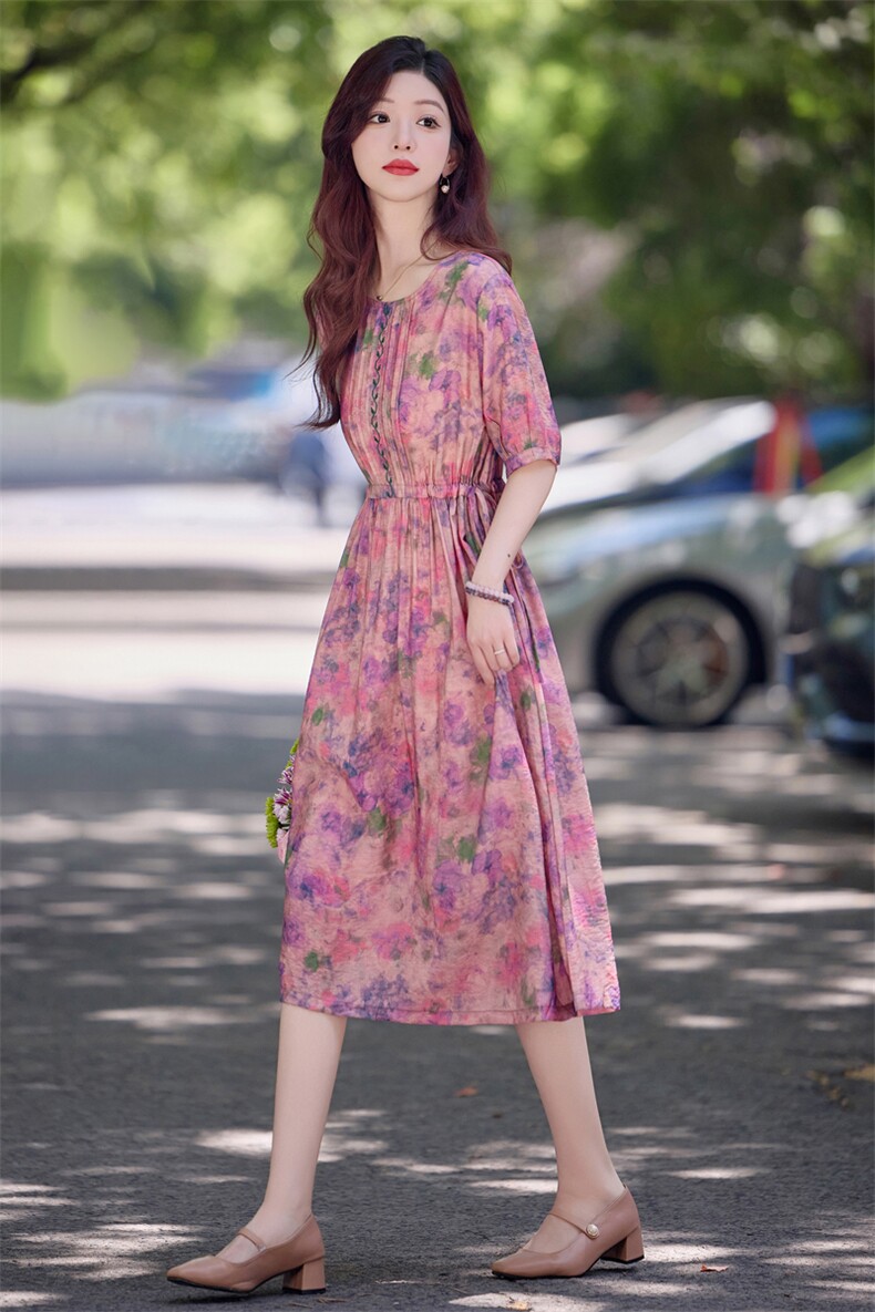 洋气减龄印花棉麻连衣裙女2025夏季高端刺绣气质收腰显瘦短袖裙子,女装连衣裙,魅影