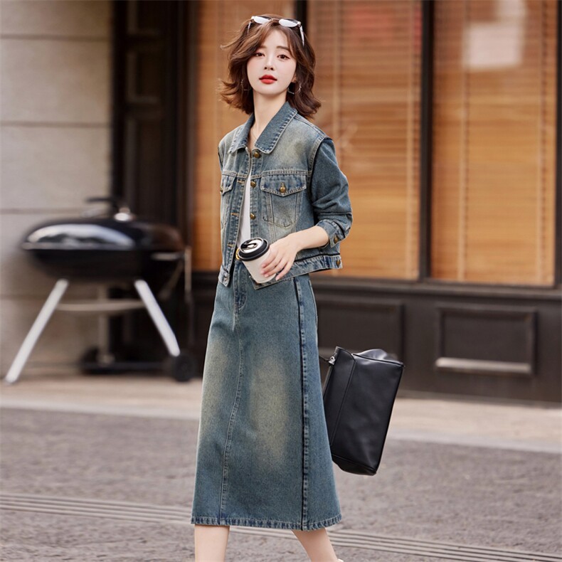 牛仔半身裙套装两件套女春秋潮2025新款高级感时尚洋气减龄时髦,女装套装/套裙,意芙