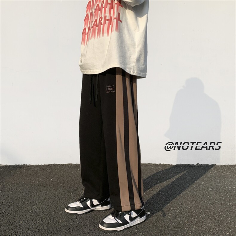 2024春新款学院风撞色条纹阔腿裤抽绳束脚运动裤KZ11-P50控79,男装休闲裤,星座914-3