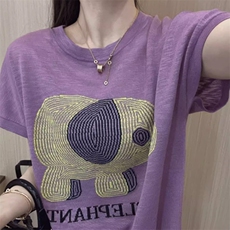 2025新款夏季薄款冰丝针织短袖女设计感洋气字母印花T恤百搭上衣，女装T恤，奢优羊绒