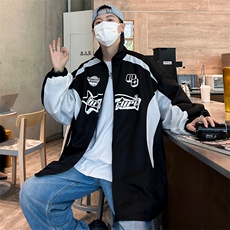 港风秋款男夹克字母印花条纹拼色休闲外套JK51P55，男装夹克，星座1013-1
