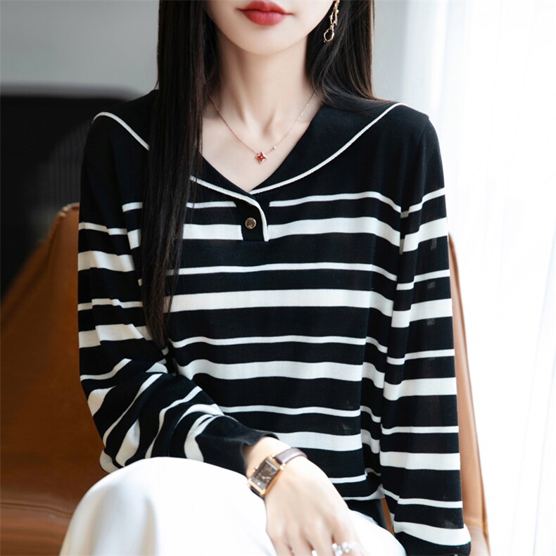 莱赛尔天丝海军领条纹,女装T恤,暖娇绒包芯纱店