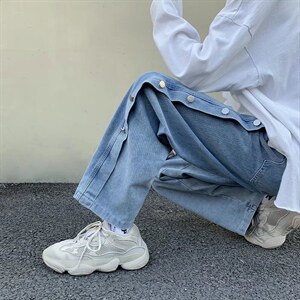 排扣牛仔长裤男潮牌vibe风裤子宽松直筒阔腿裤高街老爹裤N284-p42,男装休闲裤,星座1008-2