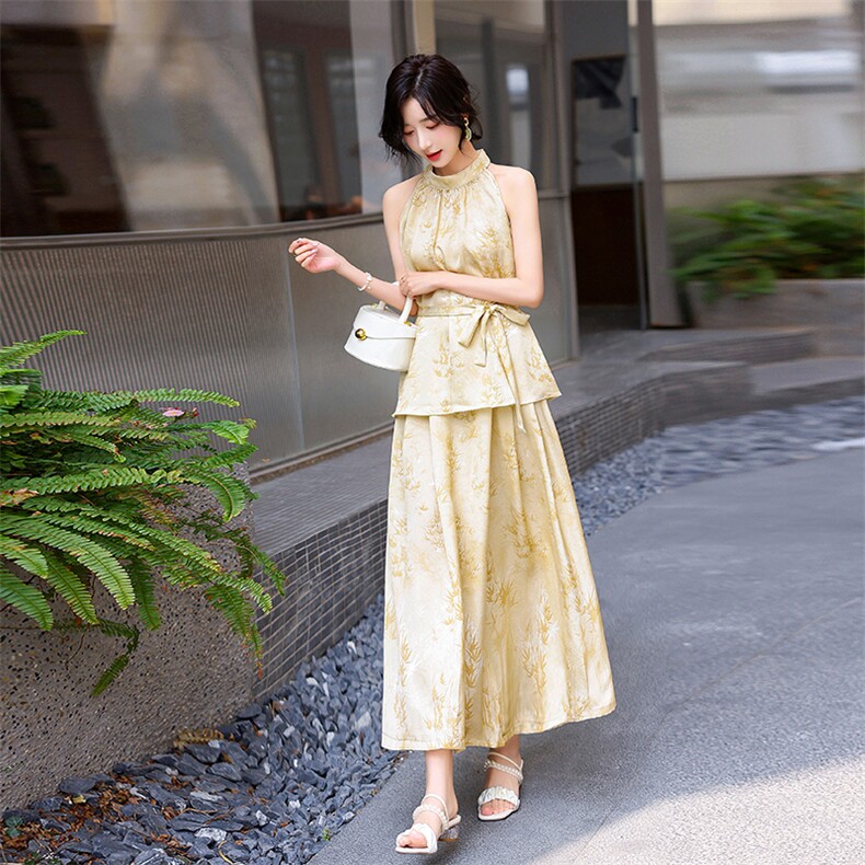 三彩2025夏季新款新中式套装无袖提花吊带两件套半身裙长裙女M,女装套装/套裙,流量+