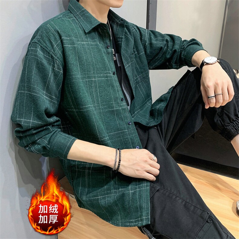加绒加厚潮流休闲衬衣男士格子衬衫外套潮DS606T,男装衬衫,电商A102