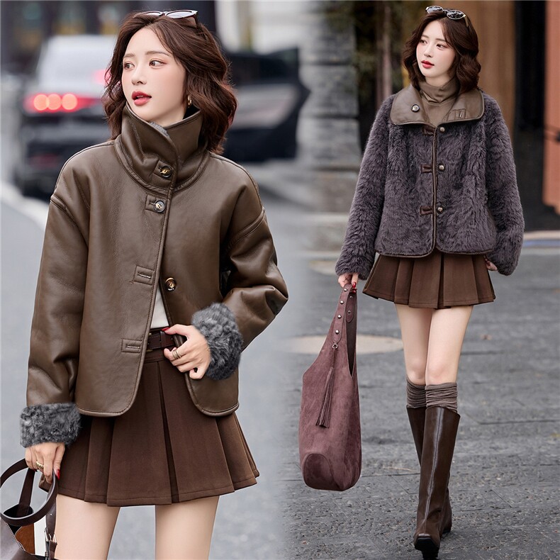 2025年秋冬新款新款花狐皮毛一体正反面两穿短款外套,女装羊羔毛/颗粒绒,鑫鑫美