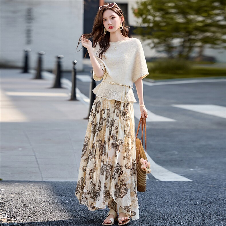 2026夏季慵懒风针织上衣印花高腰半身裙两件套，女装连衣裙，鑫鑫美