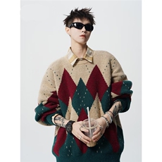 25@鹿毛绒菱形格撞色圣诞毛衣情侣冬季保暖圆领针织衫V11-P50网图，男装针织衫/毛衣，电商B245