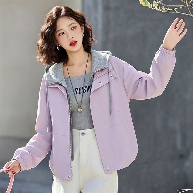 （现货）时尚假两件连帽短外套女新款宽松减龄上衣,女装短外套,韩蔻秀