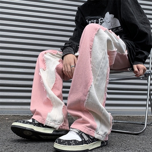 8XL-M 特大码美式高街ins小众vibe鸳鸯黑白拼接直筒牛仔裤K929P60图片