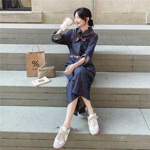 独特漂亮复古牛仔连衣裙女2025秋新款法式时尚气质收腰显瘦衬衫裙图片