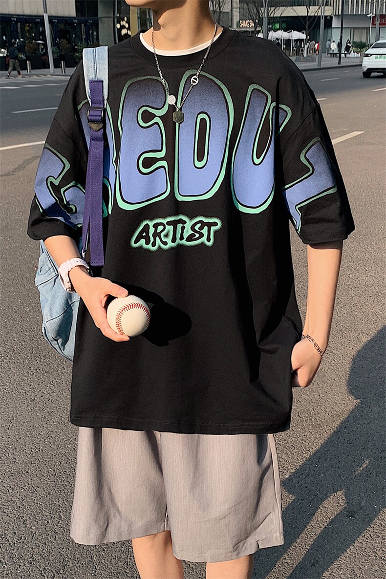得物抖音40支双纱高品质印花半袖潮牌纯棉短袖T恤男女T7222-P40,男装T恤,电商A441-1