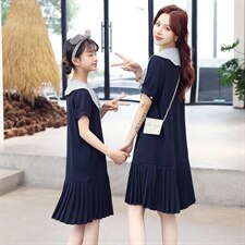 2021夏季新款时尚下摆压邹拼色领子亲子休闲连衣裙，女装连衣裙，安之芮娜