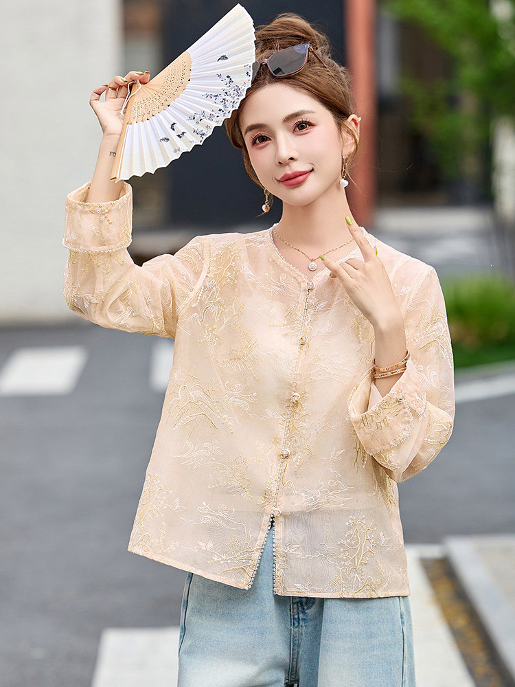 新中式重工钉珠刺绣外套女2025春夏新款休闲欧根纱薄款防晒衣开衫,女装短外套,沁沁公主
