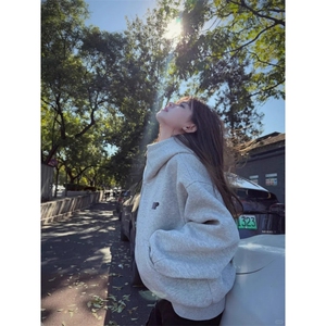 美式覆古灰色连帽卫衣男女秋冬2025新款宽松慵懒风拉炼开衫外套图片