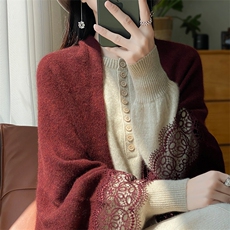 秋冬新款蕾丝花边100%纯羊毛披肩女针织保暖羊绒围巾外搭斗篷开衫，披肩，宋氏羊绒