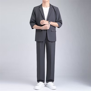 夏季新款男士七分袖西服套装外套薄款休闲小西装百搭九分裤男P90图片