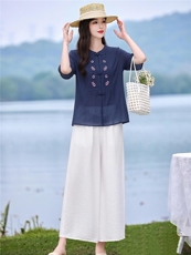 现货主推款简约中古风上衣+裤子两件套套装女，女装套装/套裙，韩蔻秀