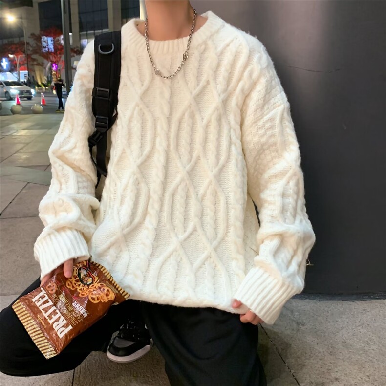 冬季毛衣男加厚打底宽松慵懒保暖内搭圆领粗线麻花针织衫9038 P48图片