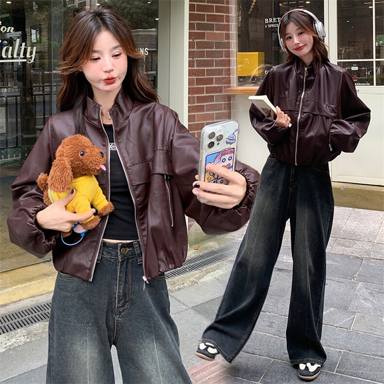 红皮衣外套女秋秋2025新款美式复古又a又飒机车服pu皮夹克图片
