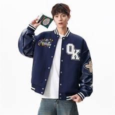 JK5872-P85美式拼接刺绣PU皮撞色棒球服飞行员夹克外套控149，男装夹克，星座109