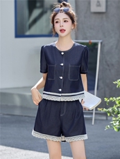 2025韩版夏季薄时尚显瘦蕾丝拼接牛仔短袖短裤套装，女装套装/套裙，贵人树