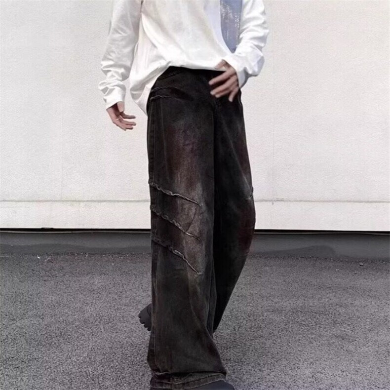 春秋款美式复古脏染抓痕设计感牛仔裤男宽松直筒阔腿男生裤子水洗,男装牛仔裤,星座506A