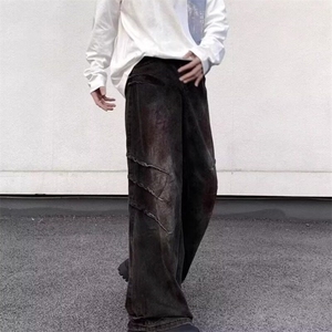 春秋款美式复古脏染抓痕设计感牛仔裤男宽松直筒阔腿男生裤子水洗图片