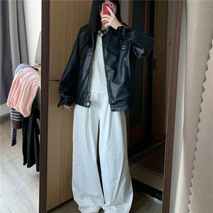 春季新款复古酷飒立领机车皮衣女韩版休闲黑色夹克外套图片