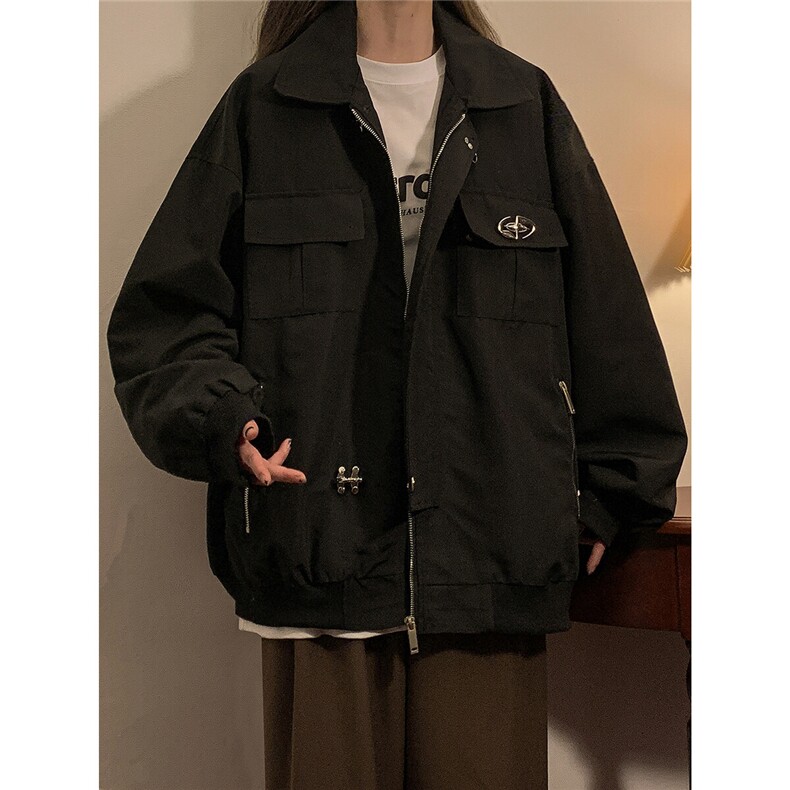 1中性风翻领美式复古金属飞机扣可拆卸胸针夹克男JK77769P85控118，女装短外套，星座226-2