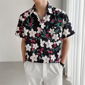 日系五分袖春夏季新款衬衫潮流慵懒男方领宽松型衬衫C649P25,白斑马日系穿搭图片